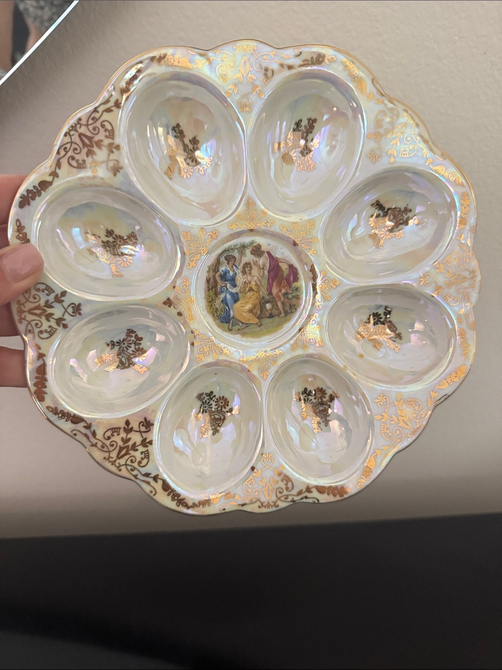Vintage Decorative Porcelain Egg Tray with Gold Accents